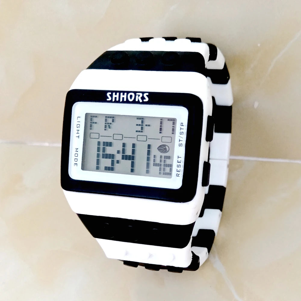 Fashion Students Mens Women Colourful SHHORS Building Blocks Plastic Waterproof Sport Digital Electronic Multifunctional Watches