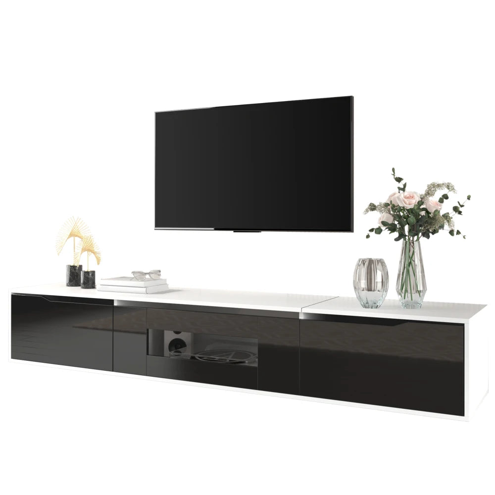 PINGGO TV cabinet, high-gloss TV cabinet, matching colours in white and high-gloss black, with colour-changing LED lights