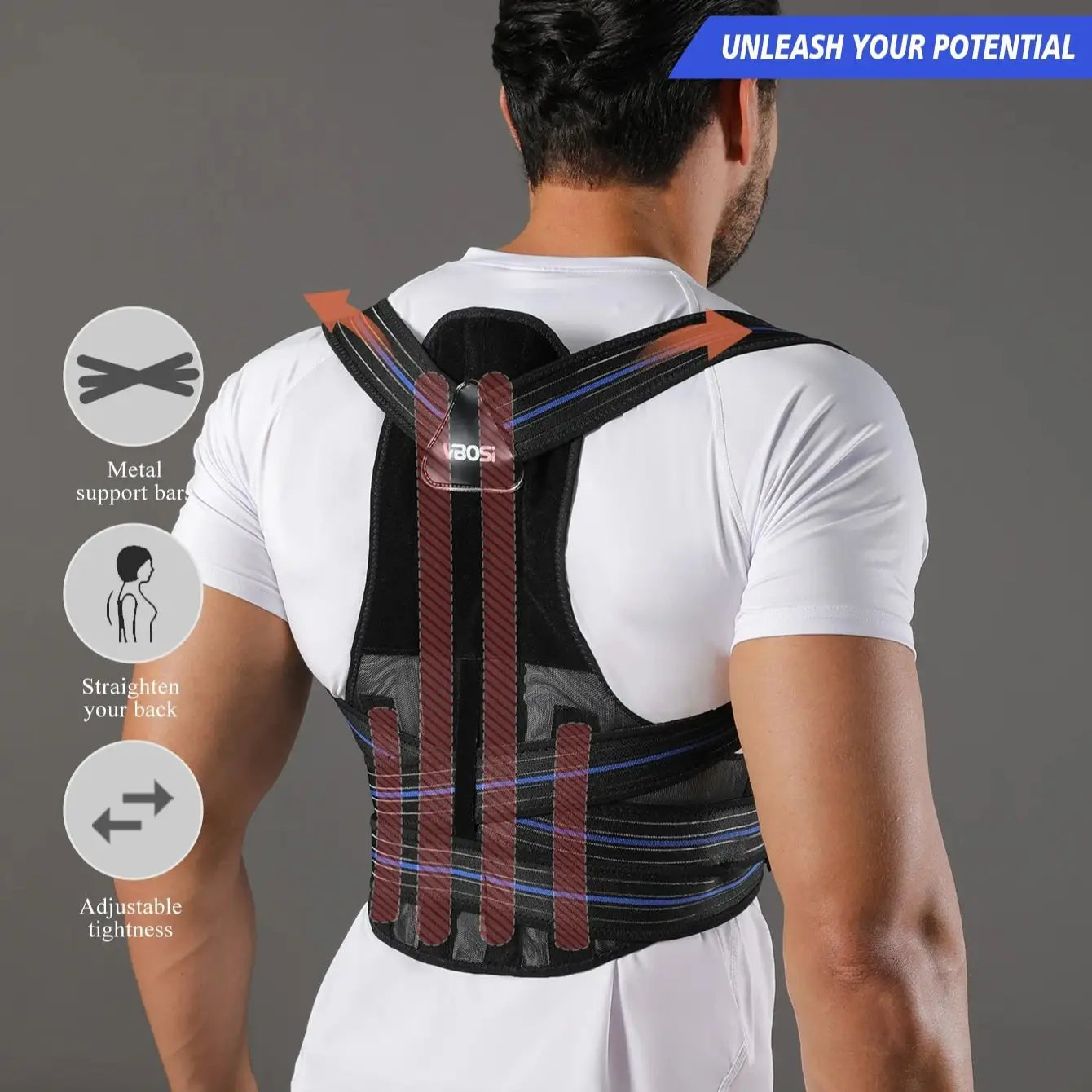 VBOSi Women Men Adjustable Breathable Back Support Posture Corrector with Metal Stays