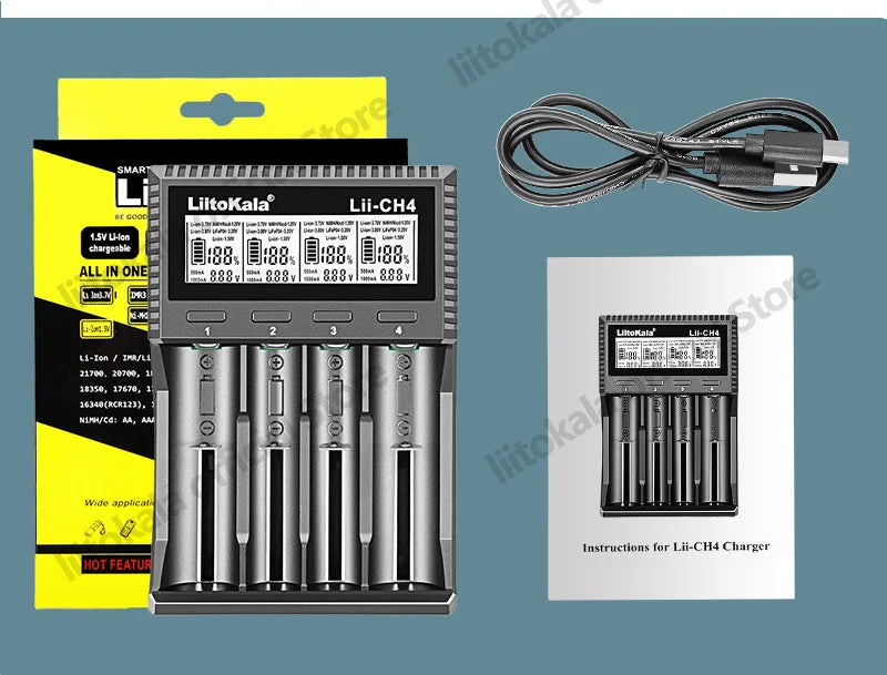 LiitoKala Lii-CH4 Smart Charger for 18650/21700/26650/AA/AAA/Ni-MH/Li-ion,1.2V/1.5V 4-Slot Fast Charge, USB-C, Auto Detect