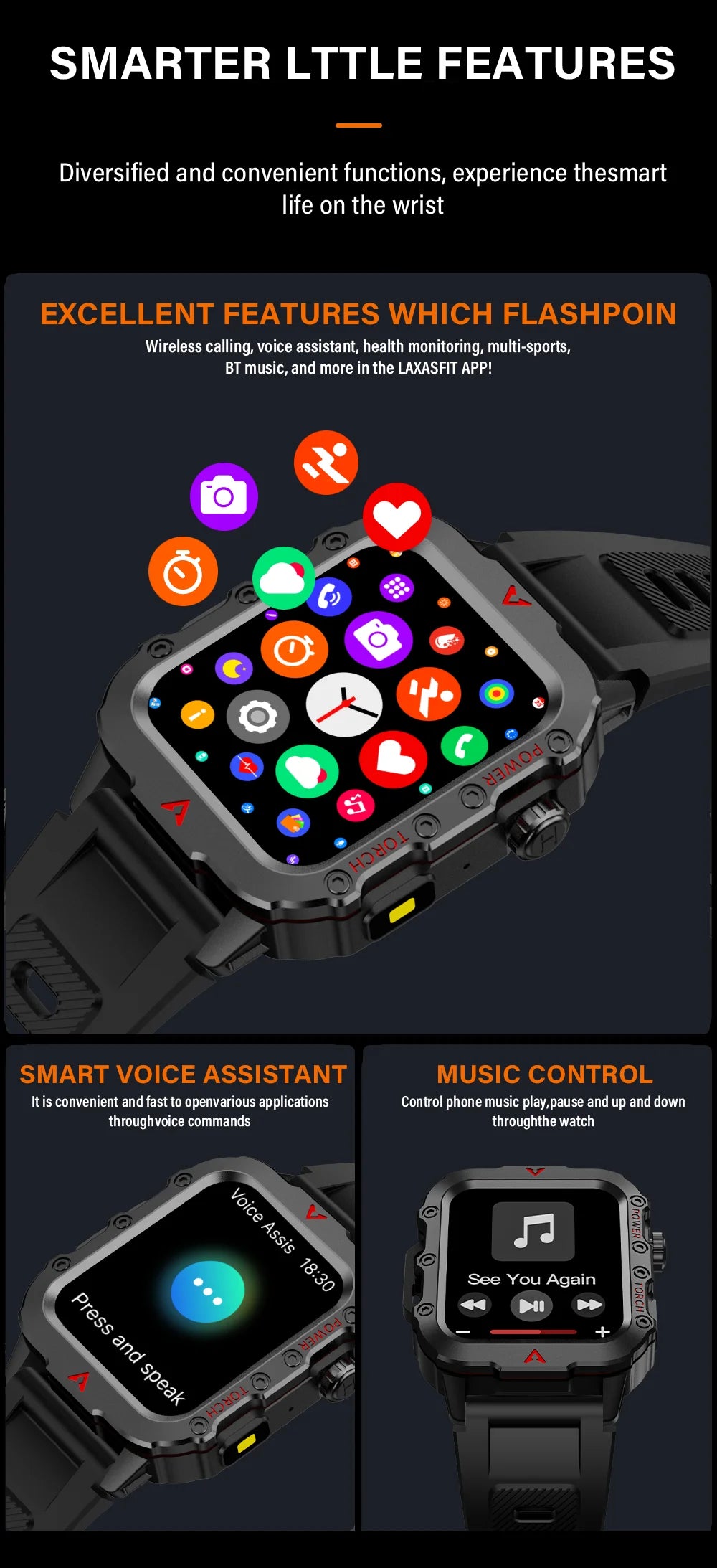 LAXASFIT 2026 New Men's Smart Watch Outdoor Sports Watch 1.85 Inch Voice Assistant Bluetooth Call LED Flashlight Smartwatch