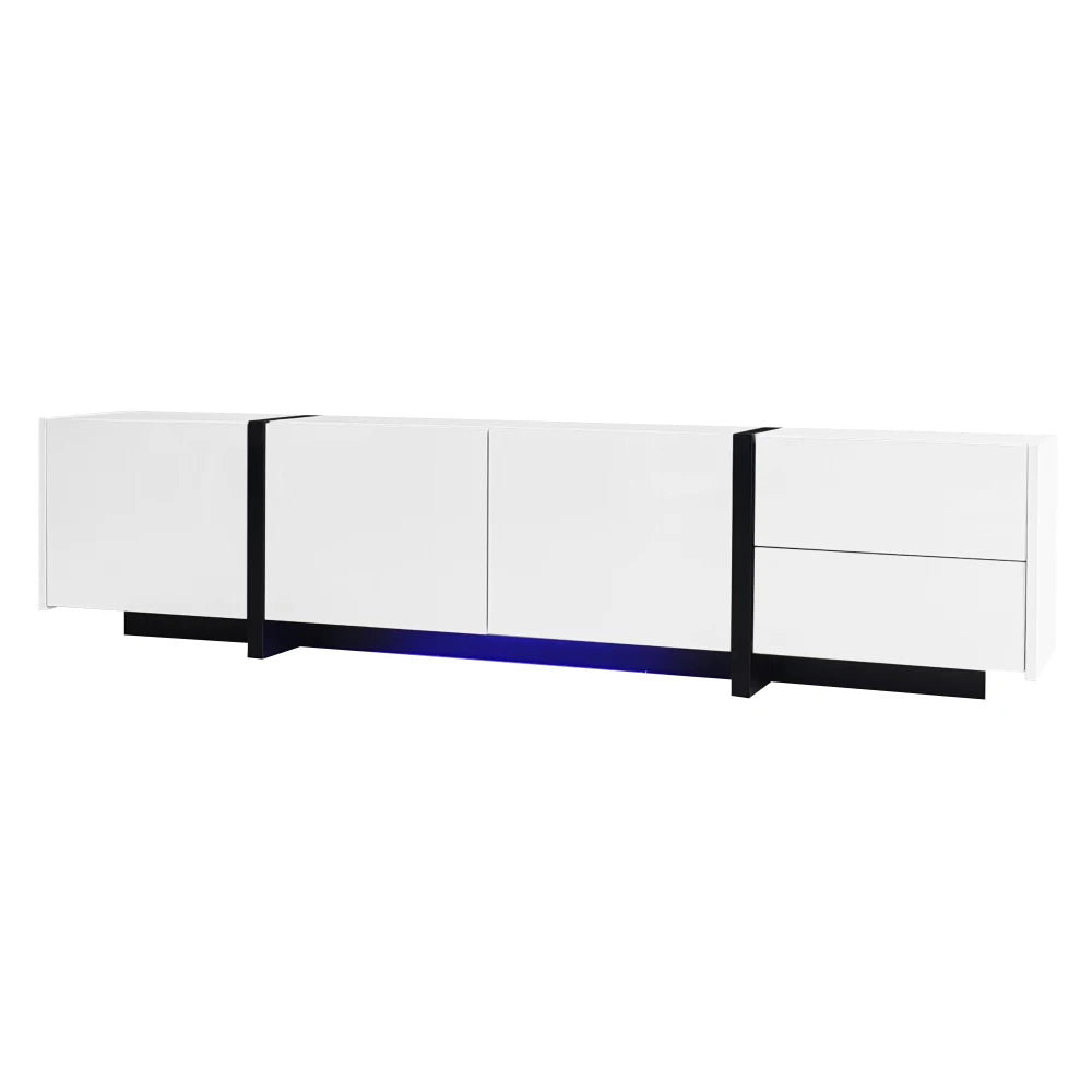 PINGGO TV cabinet, white high-gloss cabinet and black contrasting table legs, with simple cabinet doors and drawers.