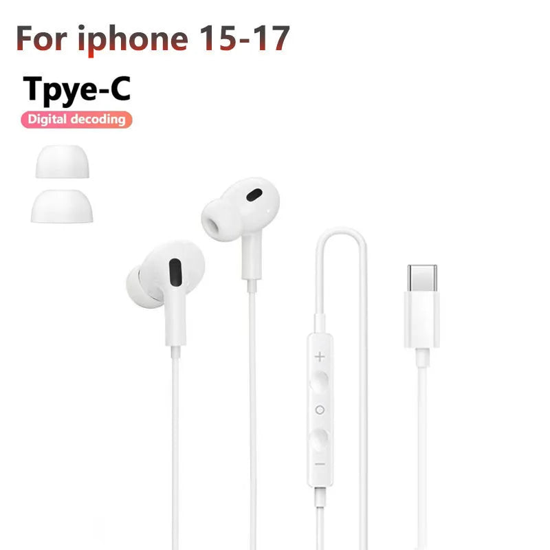 Original Headphones USB C for Apple iphone Lightning 16 15 Pro Max 14 13 12 11 X XR 7 8 Plus Type C Wried Earphone Bass Earbuds