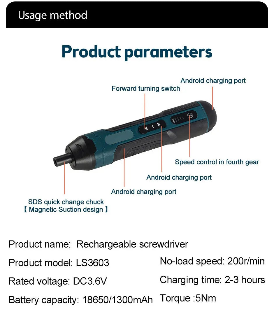 Mini Cordless Electric Screwdriver 1300mah Rechargeable Adjustment Multi-function Power Drill Disassembly Torque Repair Tools