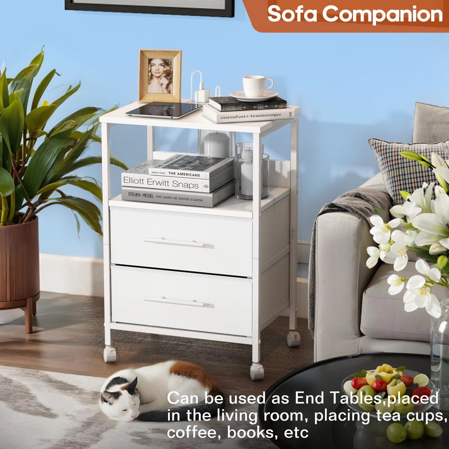 Bedside Table With Charging Station Nightstand With 2 Outlets And 2 USB Ports With 4 Castors