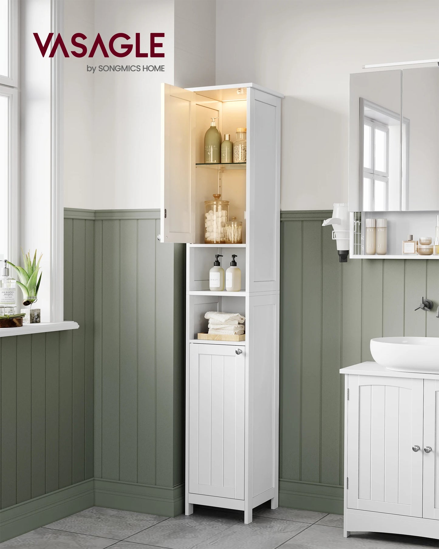 VASAGLE Tall Bathroom Cabinet with Lights, Freestanding Narrow Storage Unit with Adjustable Shelves, Open Compartments