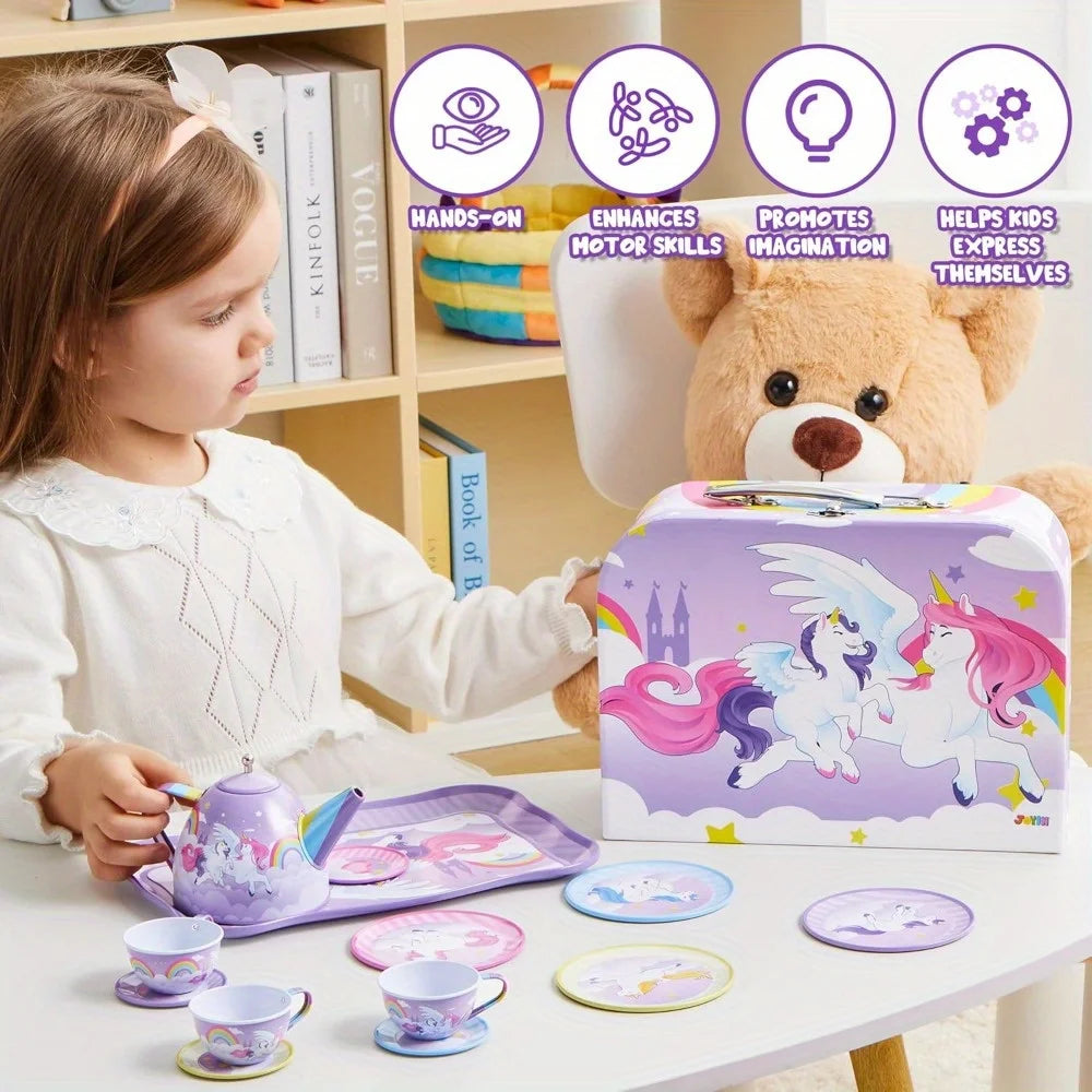 JOYFY Unicorn Tea Party Set Pretend Purple Tin Teapot Set Princess Tea Time Play Kitchen Toy for Girls Birthday Chirstmas Gift