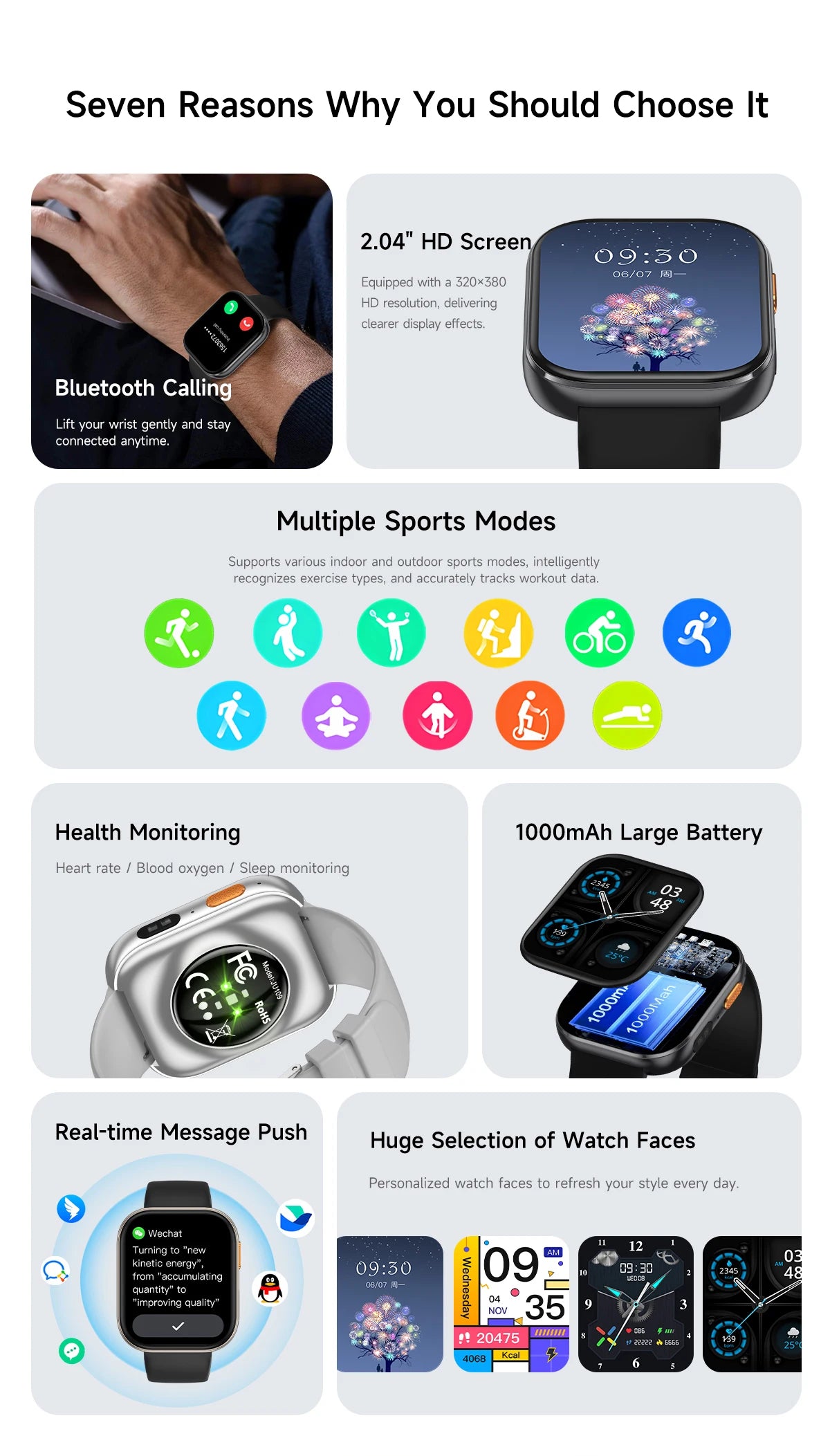 Outdoor New 1000mAh SmartWatch 2.04"HD Screen Smartwatch LED Flashlight 100+sports mode BT Call Waterproof SmartWatches Men Wome