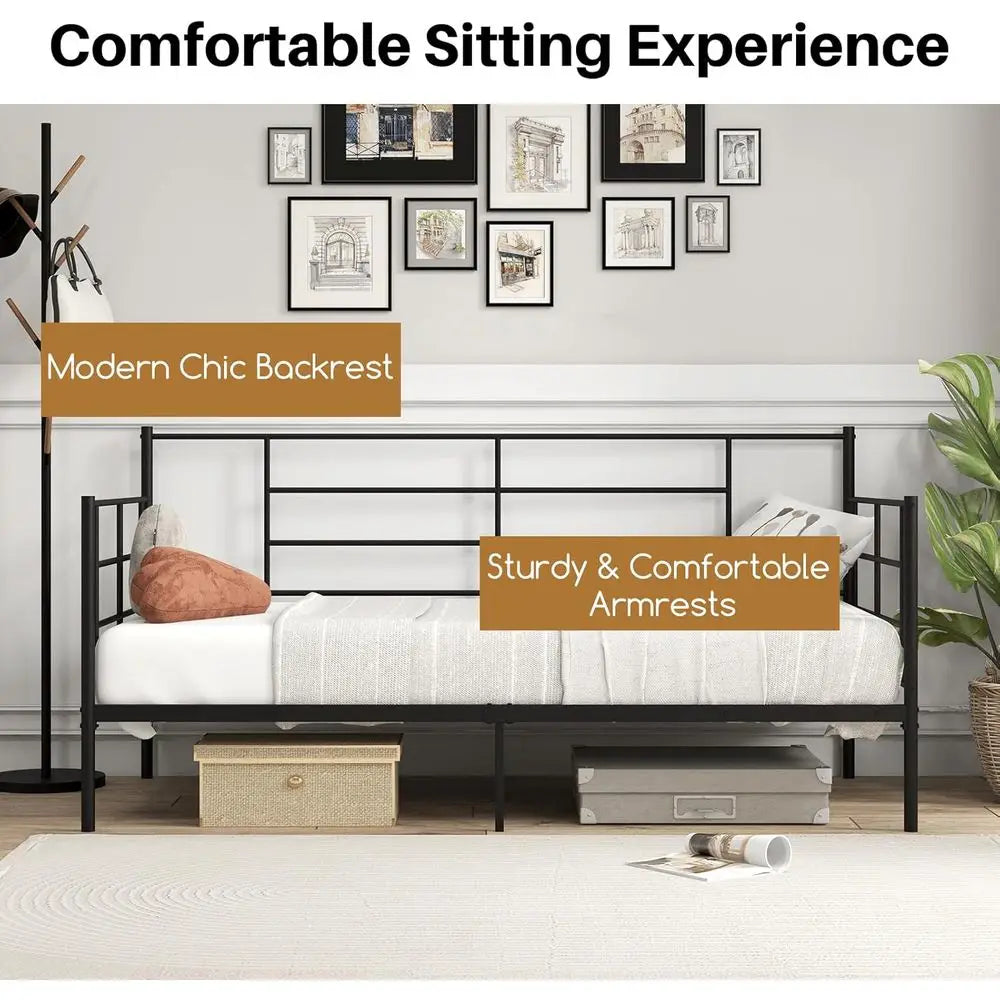 Single Day Bed with Metal Frame, 28cm Underbed Storage, Slat Support, Black Mattress Platform, 90x190cm Mattress for Living Room