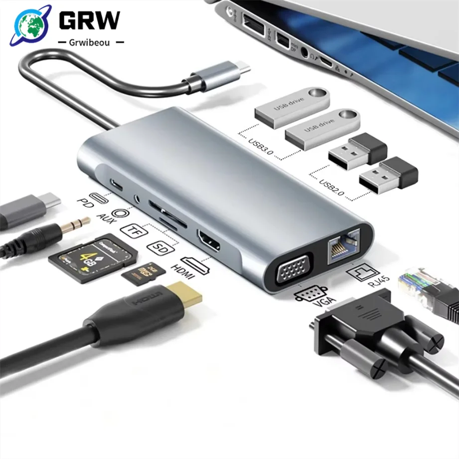 USB C HUB 4K 30Hz Type-C to HDMI-compatible USB 3.0 Adapter 11 in 1 Type C HUB Dock PD 87W USB C Splitter for MacBook Pro Air