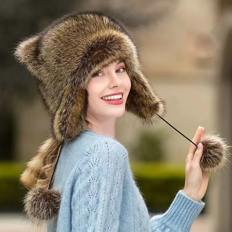 trend Raccoon imitateFur Cap Tail Women imitateNatural Raccoon Fur Caps Ushanka Hats for Winter Thick Warm Ears Fashion