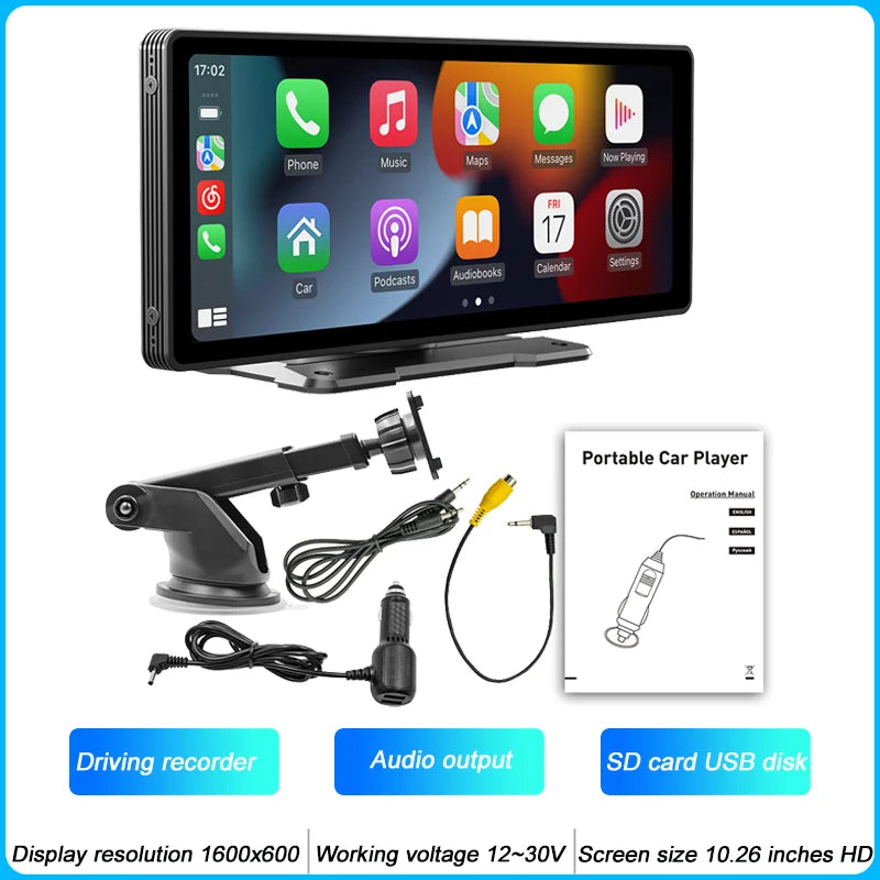 BQCC 10.26 Inch Portable MP5 Multimedia Video Player Android Auto Wireless Carplay Screen HD Rear Reversing Camera Car Radio