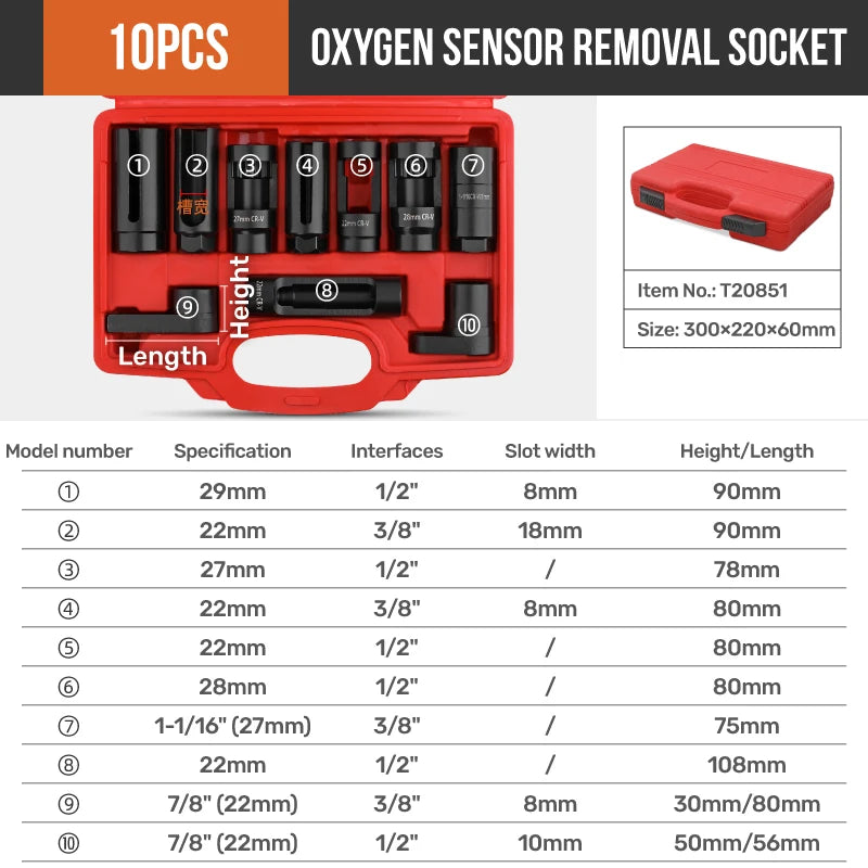 APOLLO 3/5/7/10PC Universal O2 Oxygen Lambda Sensor Socket Wrench Tool Remover Installer Set Box Oxygen Sensor Removing Tool Kit