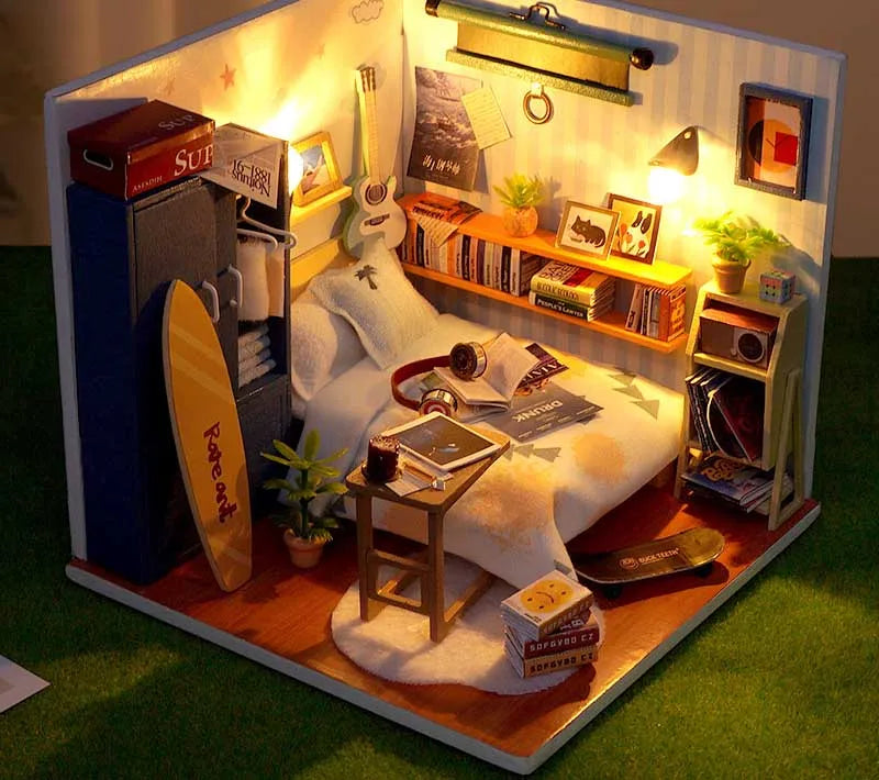 DIY Doll House Wooden Miniature Kit with Furniture Set Handmade Model Assembly Toy Case for Birthday Gifts