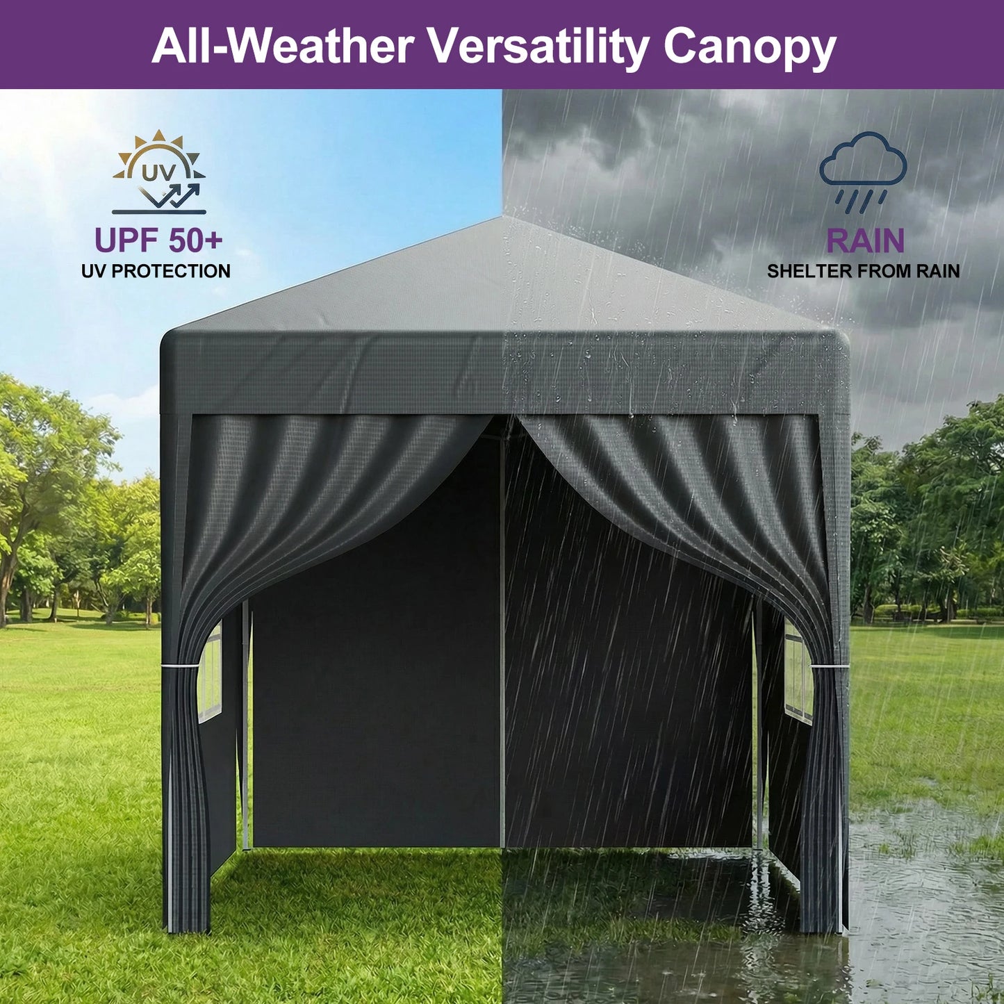 LOEFME 2x2M Pop Up Gazebo Waterproof Windproof Portable Outdoor Canopy Sun Shelter Removable 4 Sides Cloths Garden Camping Tent