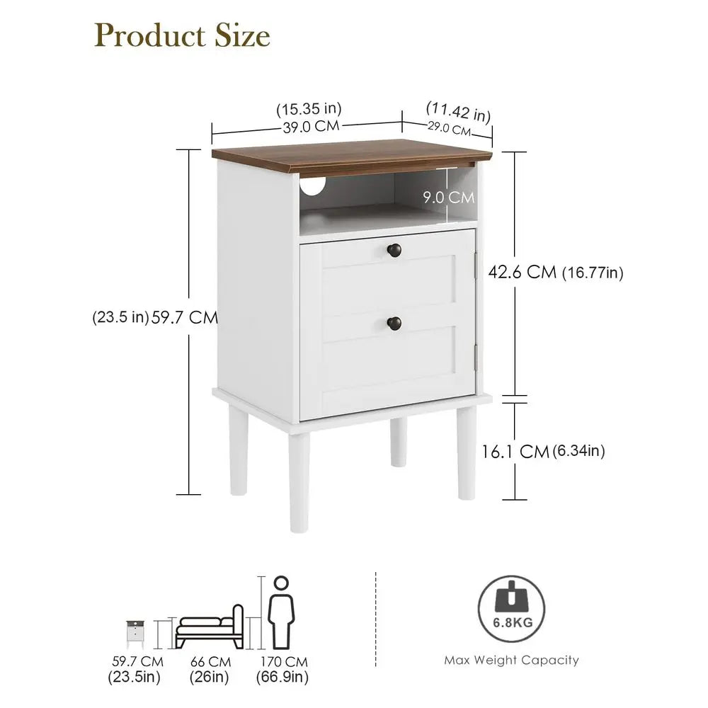 Bedside Cabinet with Door amp Open Top Shelf Side Table for Bedroom amp Living Room,Fits Small Space White 15.35x 11.42x23.5