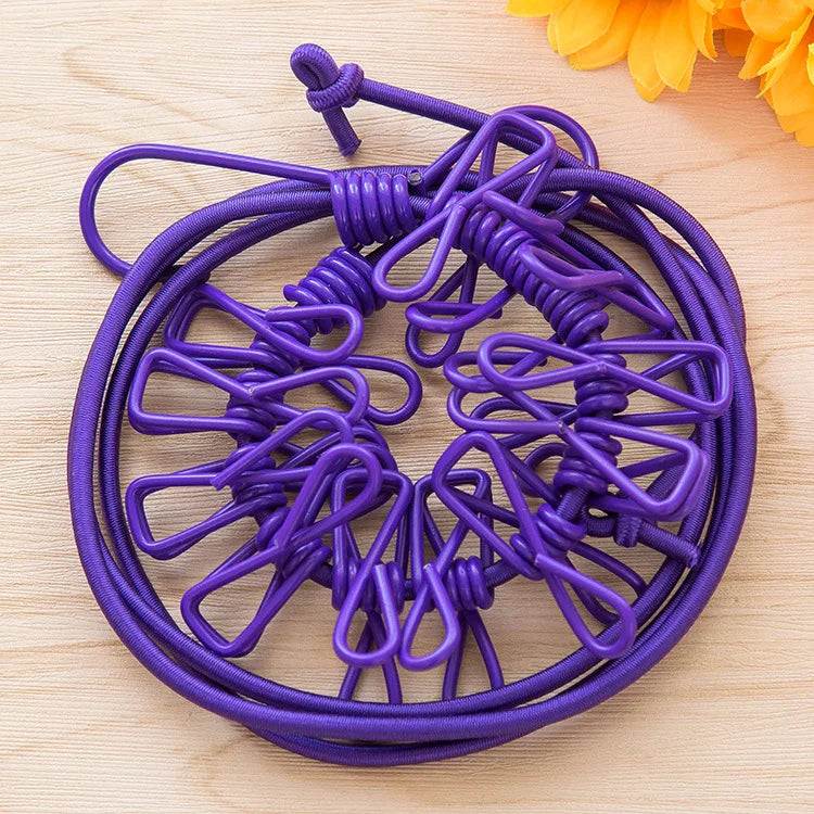 1pc Portable Clothesline With 12 Clips Polychrome Outdoor No Punching Required Travel Camp Retractable Clothes Rope Drying Rack