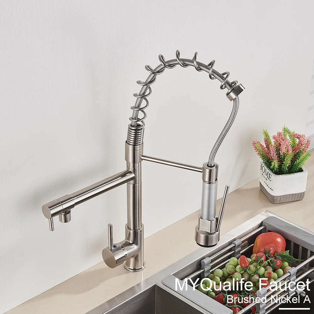 Black Pull Down Brass Kitchen Sink Faucet Hot Cold Water Mixer Crane Tap with Dual Spout 360 Rotation High Faucet Deck Mounted