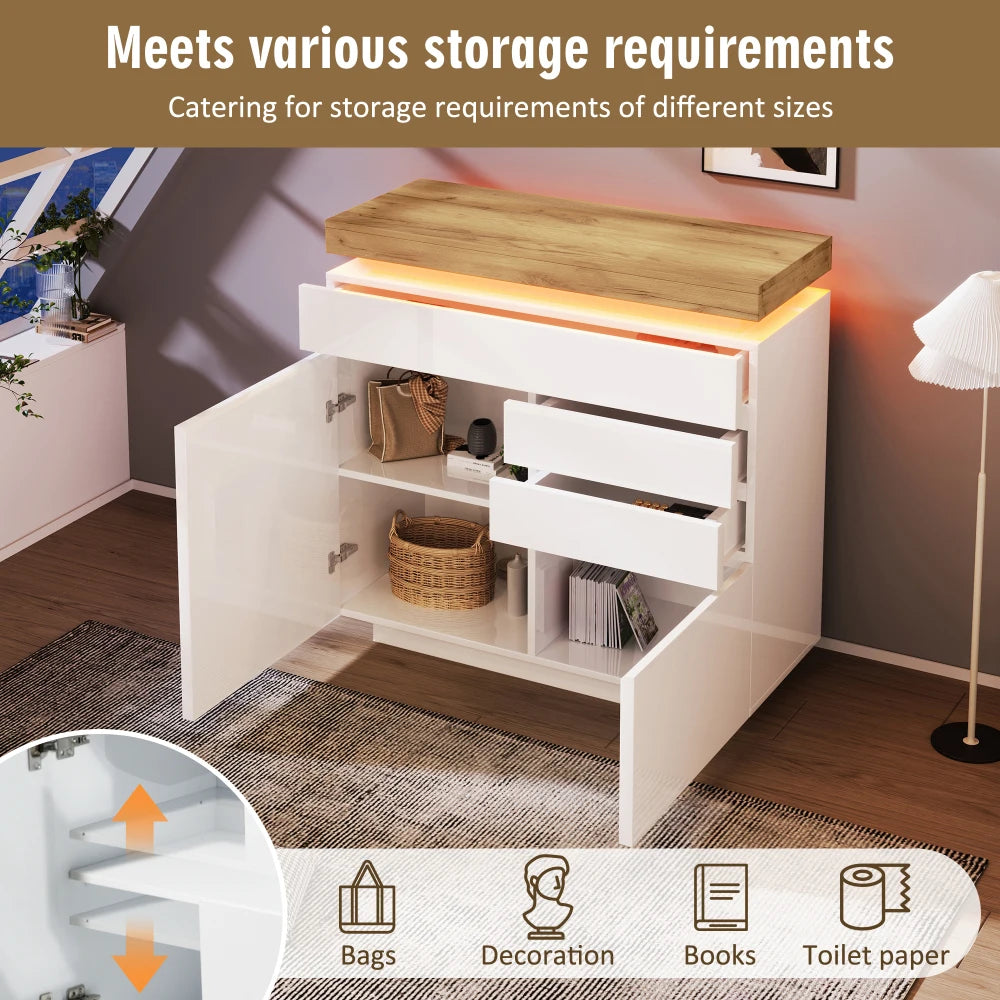 PINGGO Chest of Drawers,High-gloss Sideboard Cabinet with 2 Doors and 3 Drawers,Storage with RGB LED,115 x 110 x 39 cm, White