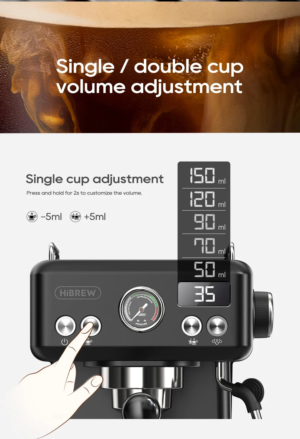HiBREW H10A Black Espresso Machine Temperature Volume Pre Brewing Adjustable 58mm Portafilter Cappuccino Coffee Maker
