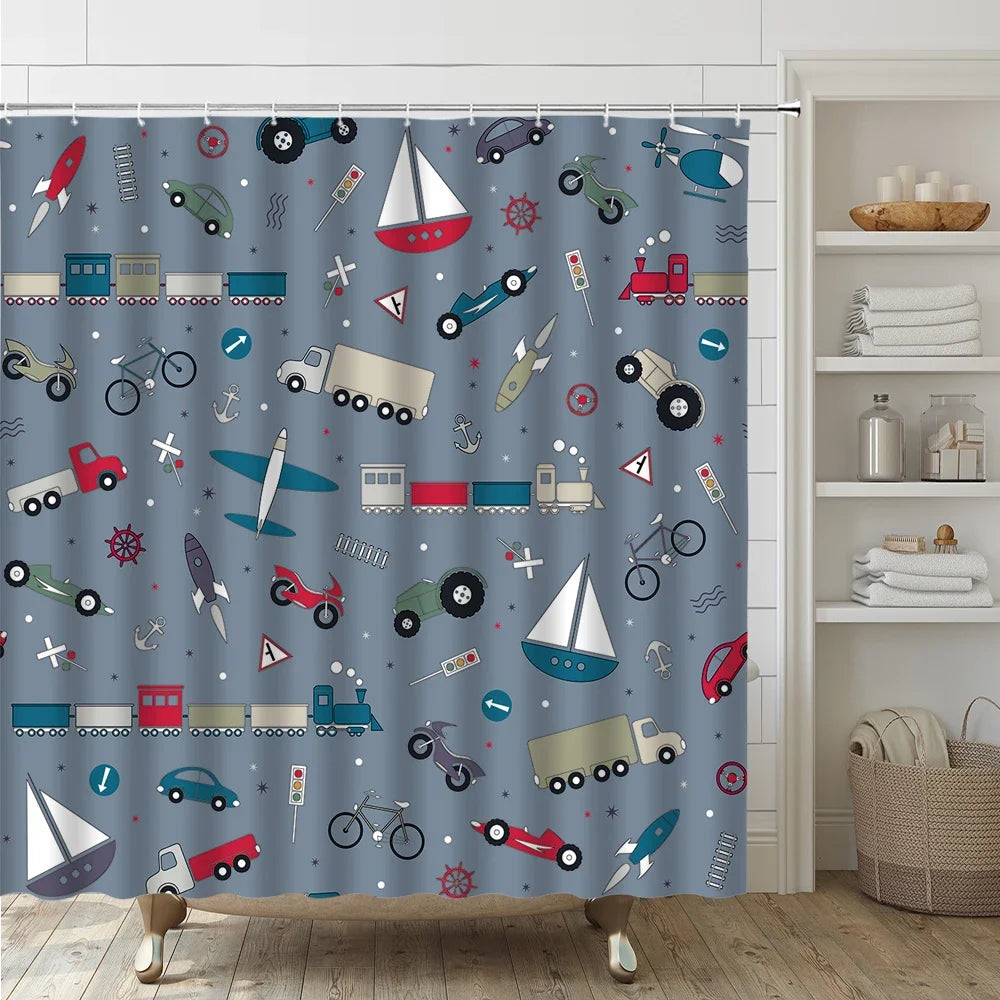 Cartoon Car Bathroom Decor Set Teens Transportation Car Shower Curtain for Kid Boy Girl Truck Bus Taxi Bath Mat Rug Toilet Cover