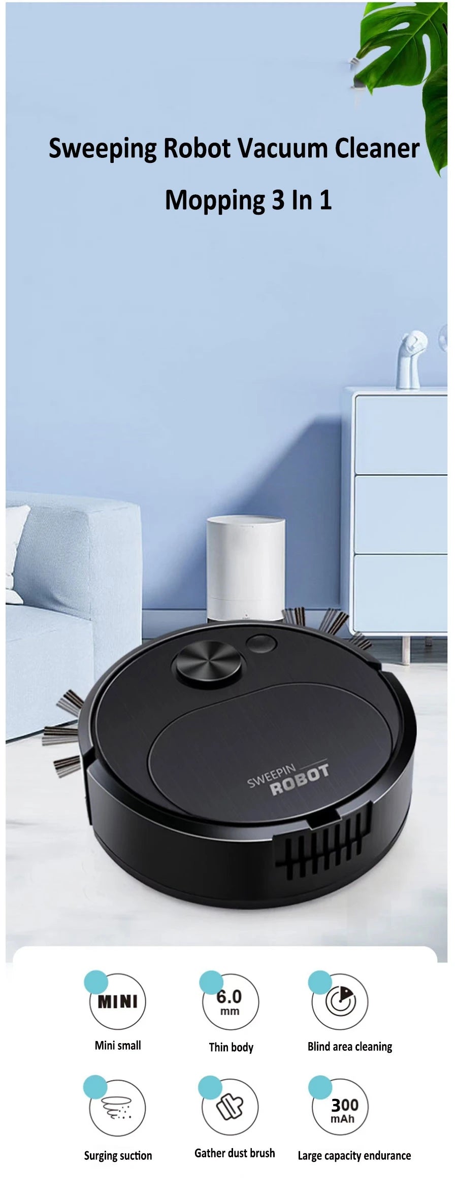 Smart USB Sweeping Robot Vacuum Cleaner 3-in-1 Wireless Mopping 1800Pa Powerful Cleaning for Home Office Floors