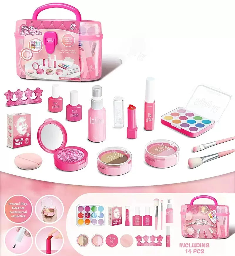Girl’s pretend home make-up set: faux manicure, lip color, eye shadow, non-washable princess-themed cosmetics and toys.
