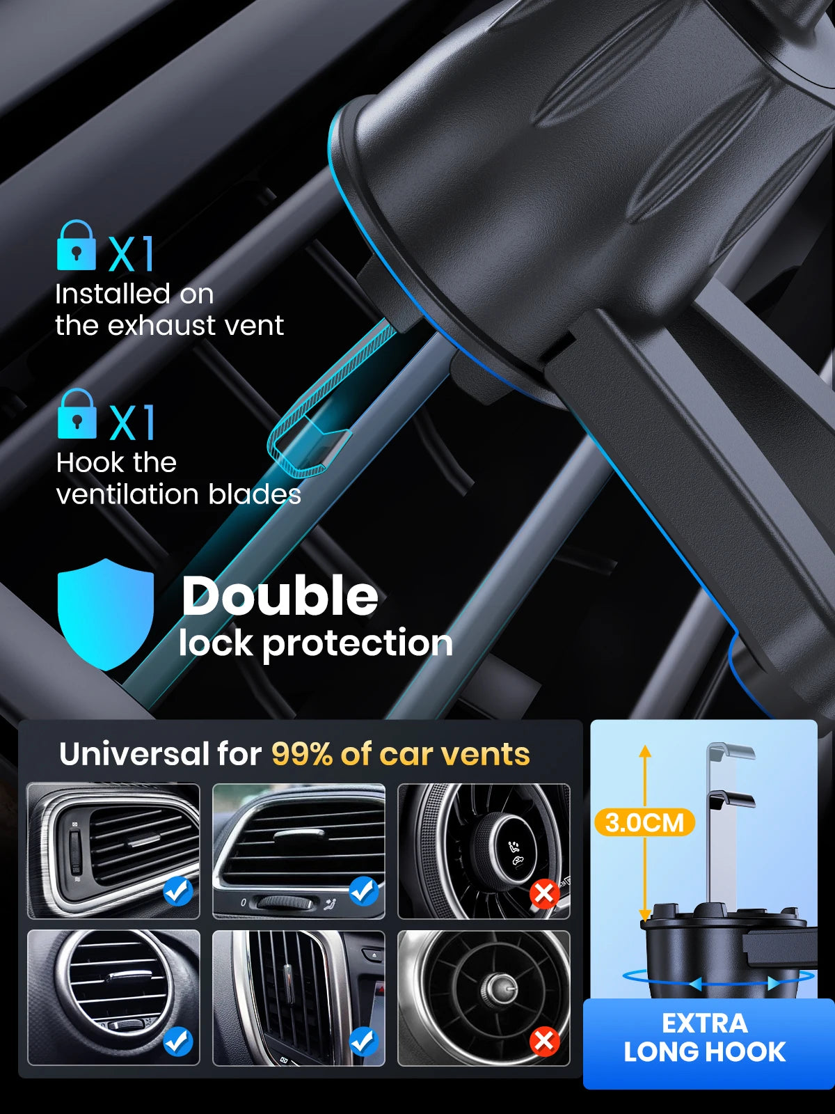 TOPK D35-S Car Phone Holder, Universal Phone Mount for Car with Hook Clip Air Vent Car Mount 360° Rotation for Mobile Phones