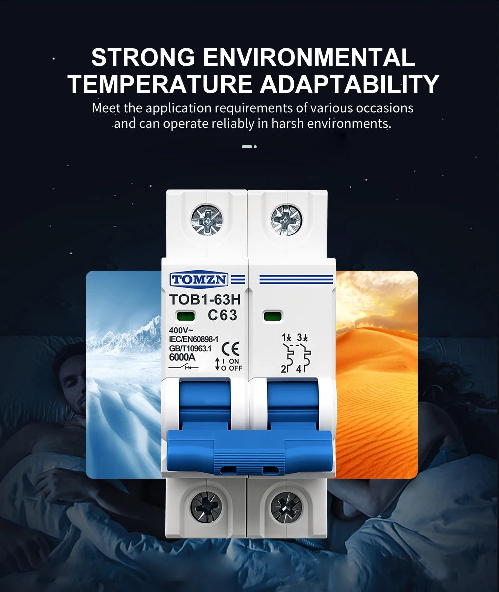 TOMZN 2P AC MCB TOB1-63 C Type 230/400V~ 50Hz/60Hz Mini Circuit Breaker 6A 10A 16A 20A 25A 32A 40A 50A 63A