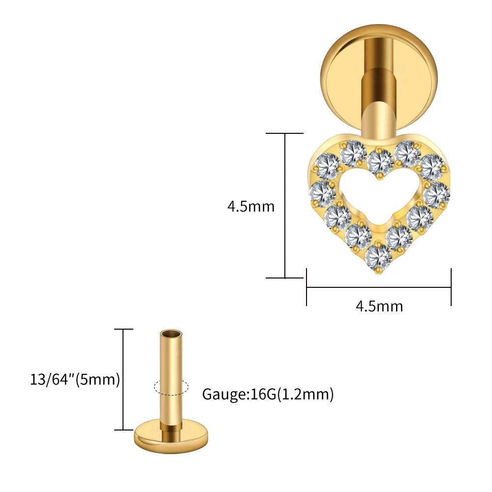 Right Grand ASTM F136 Titanium Mini Heart Cartilage Earring 16G Dainty Flat Back Labret Stud Tragus Helix Piercing Jewelry