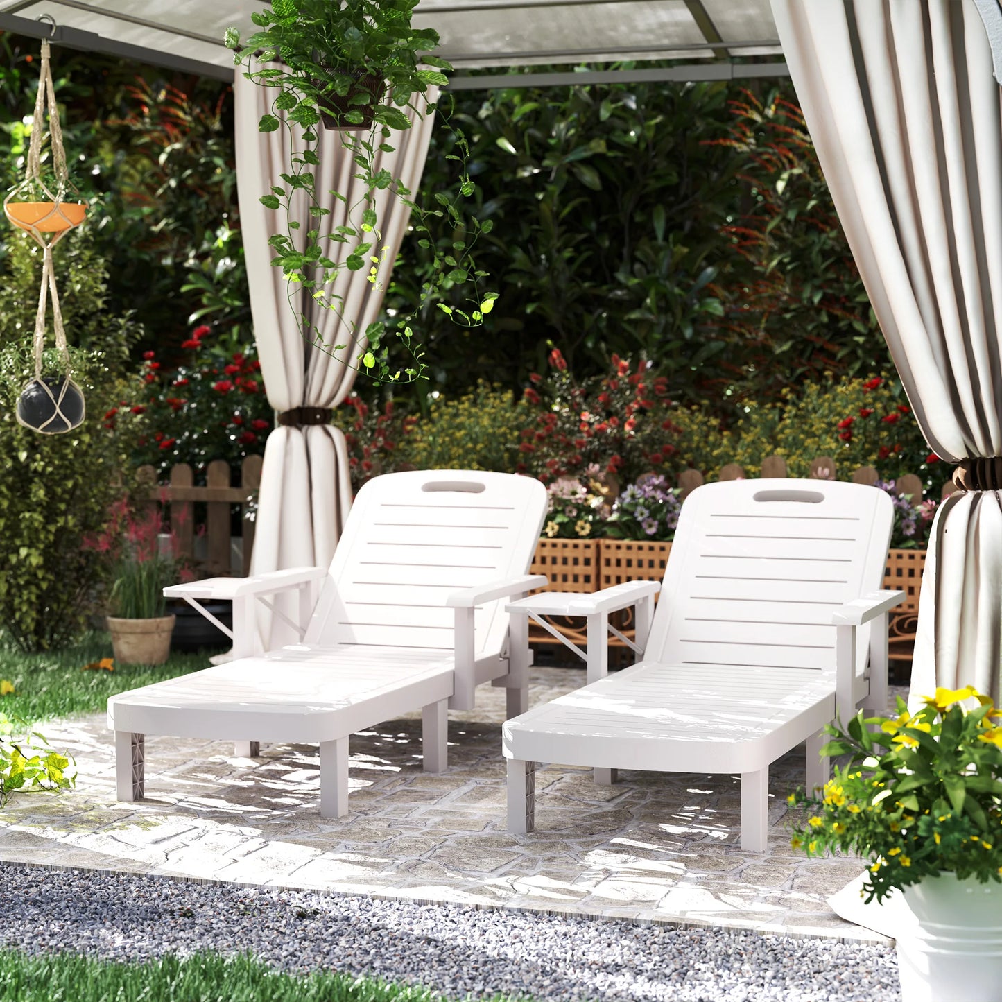 Outsunny Set of 2 Resin Reclining Sun Loungers for Garden, 5 Positions Adjustable Outdoor Chaise Lounge Chairs