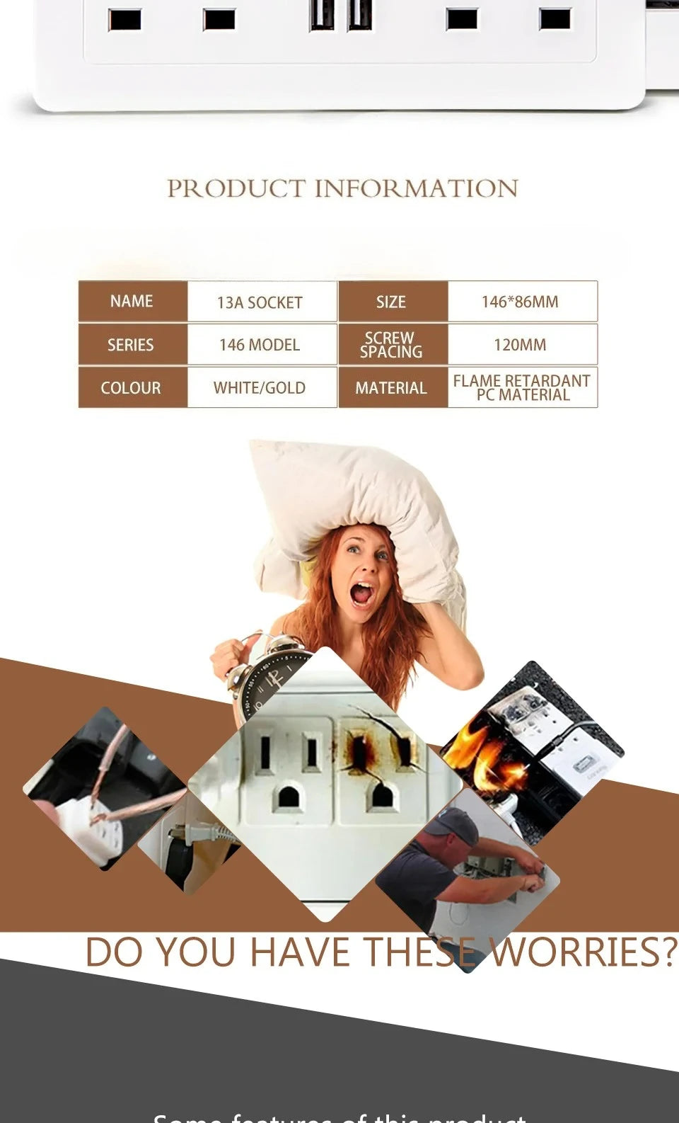 UK Standard 13A Switched Wall Socket with Dual USB Charger Ports LED Indicator Standard Size Easy Fit Wall Mounted USB Power