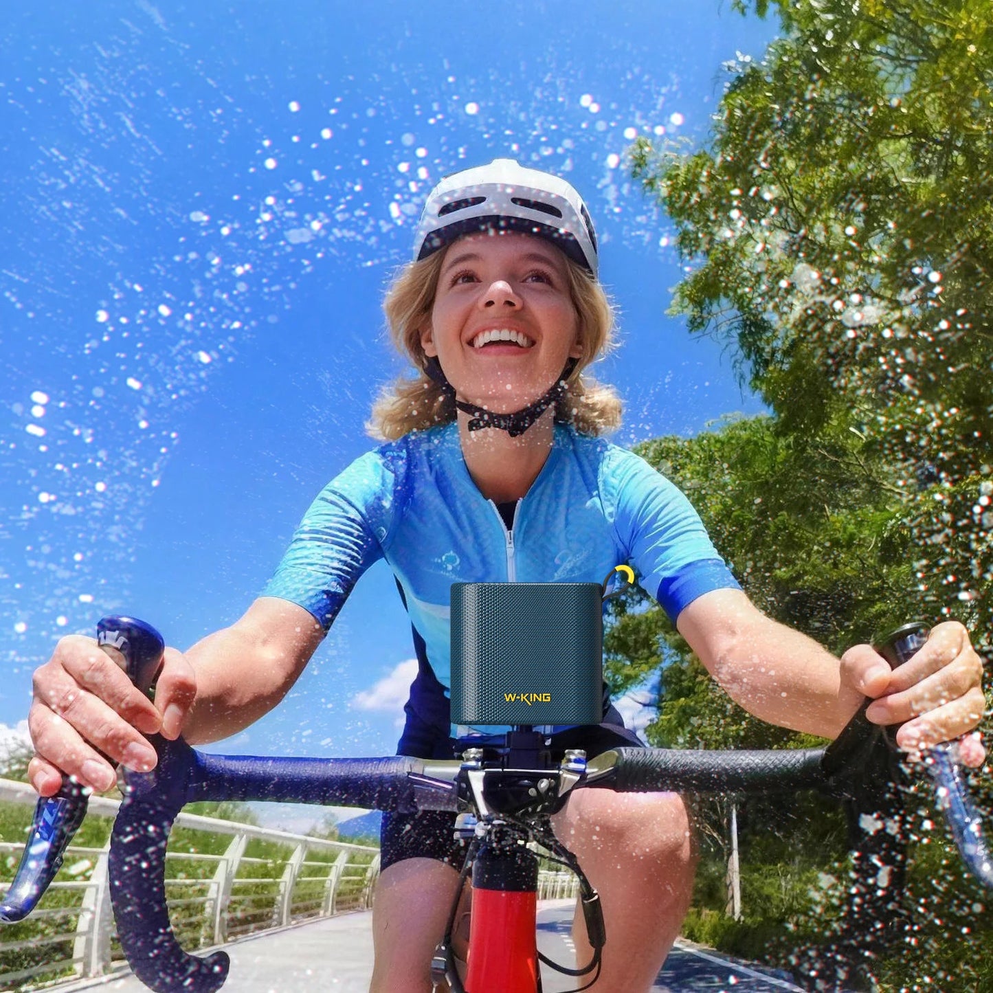 W-KING Blue Mini Bluetooth Speaker, 6W Bass, IPX7 Waterproof, 10H Playtime, TWS, FM, TF/AUX, Shower & Bike Use BT5.3 Speaker