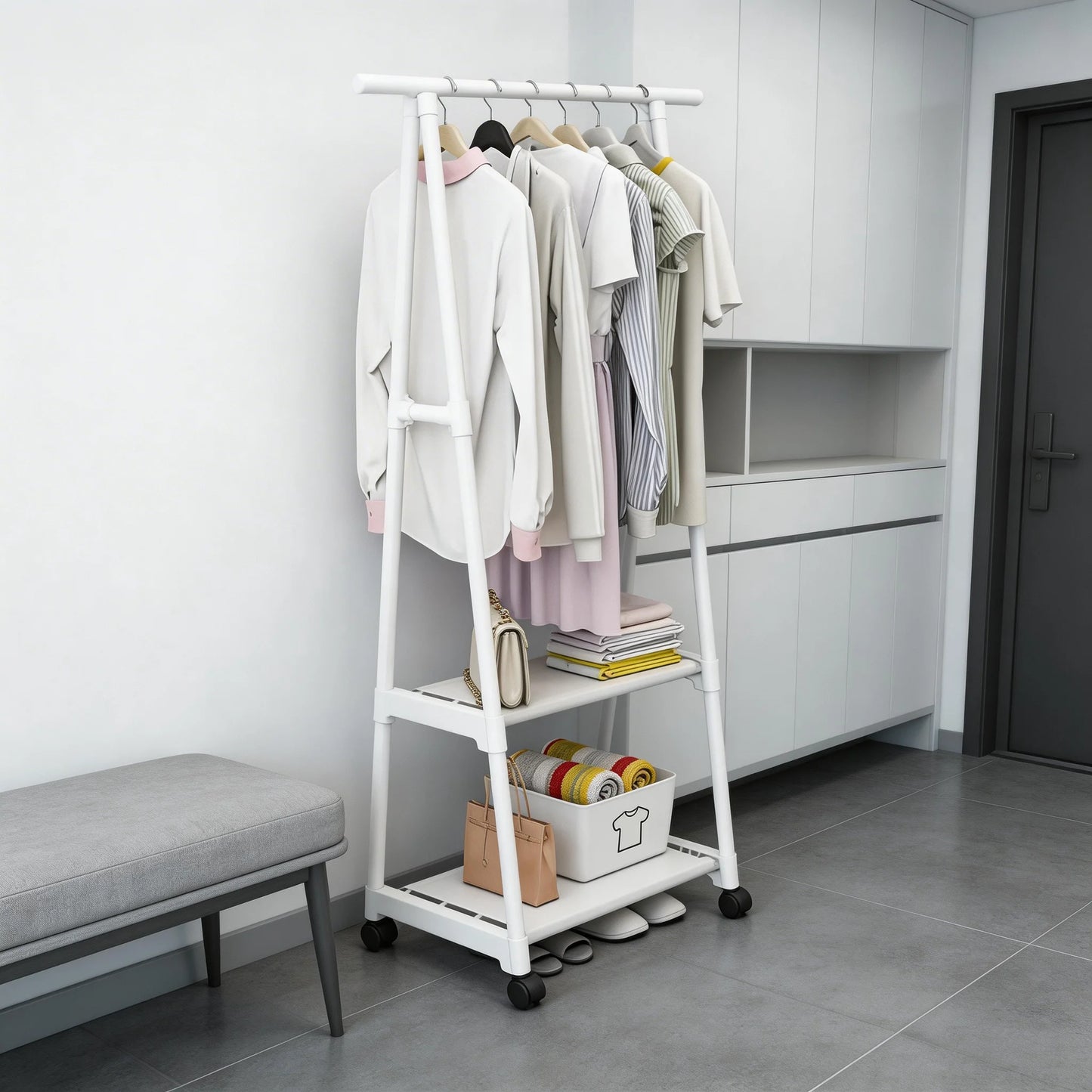 Multifunctional Coat Rack Movable Bedroom Clothes Hanger Stand Simple Coat Storage Shelf Space-saving Clothes Organizer Rack