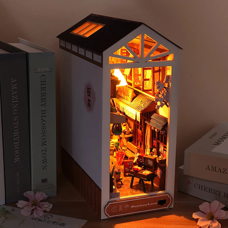 DIY Book Nook Kit Shelf Inser Dollhouse Model Building Kit Wooden Bookshelf Room Dollhouse Bookend Toy For Adults Birthday Gifts