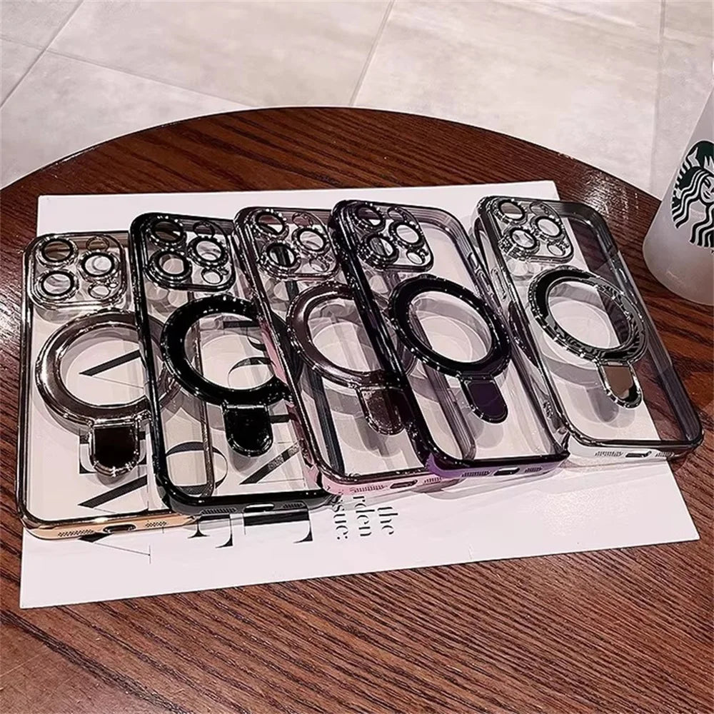 Luxury For Magsafe Bracket Case For iPhone 17 Air 16 Pro 15 14 13 12 11 Pro Max Magnetic Ring Stand Holder Clear Soft Cover