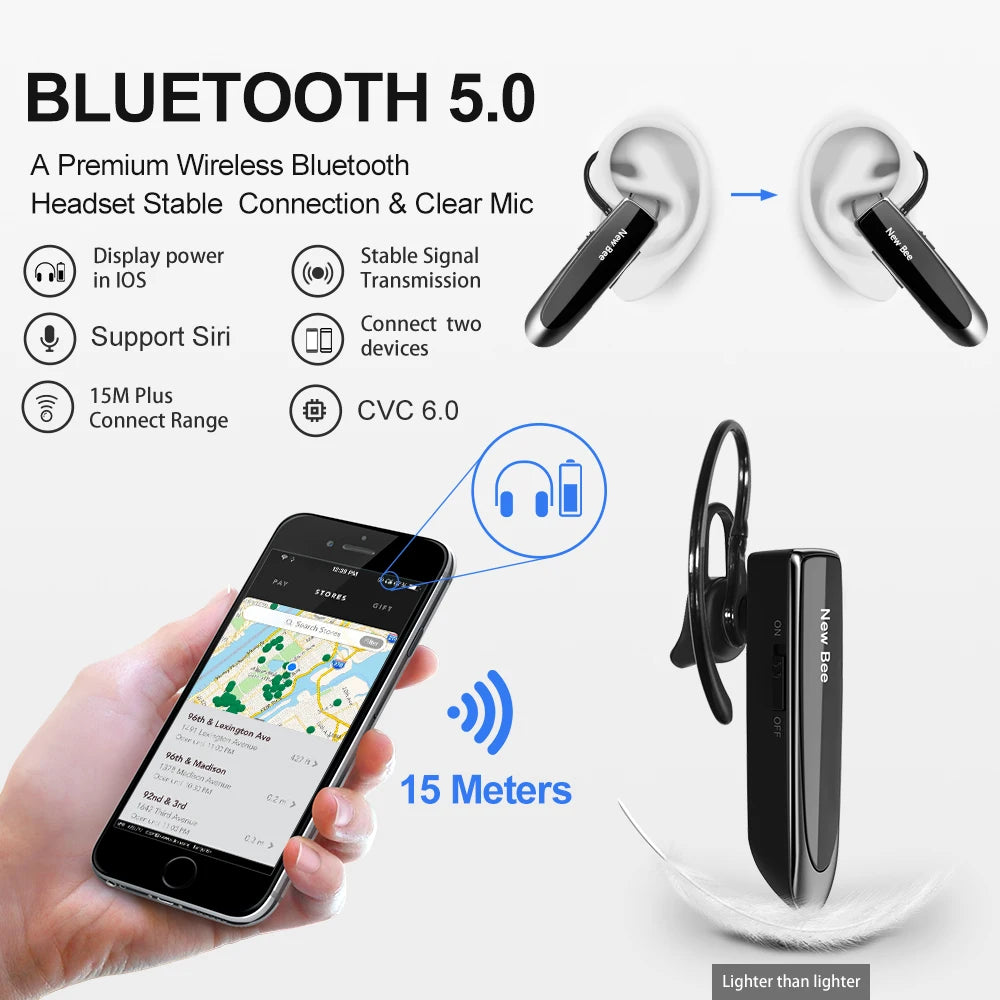 New Bee Bluetooth Headset Wireless Earphones Headphones with Mic 24Hrs Earbuds Single Earpiece Mini Handsfree for Driver Office