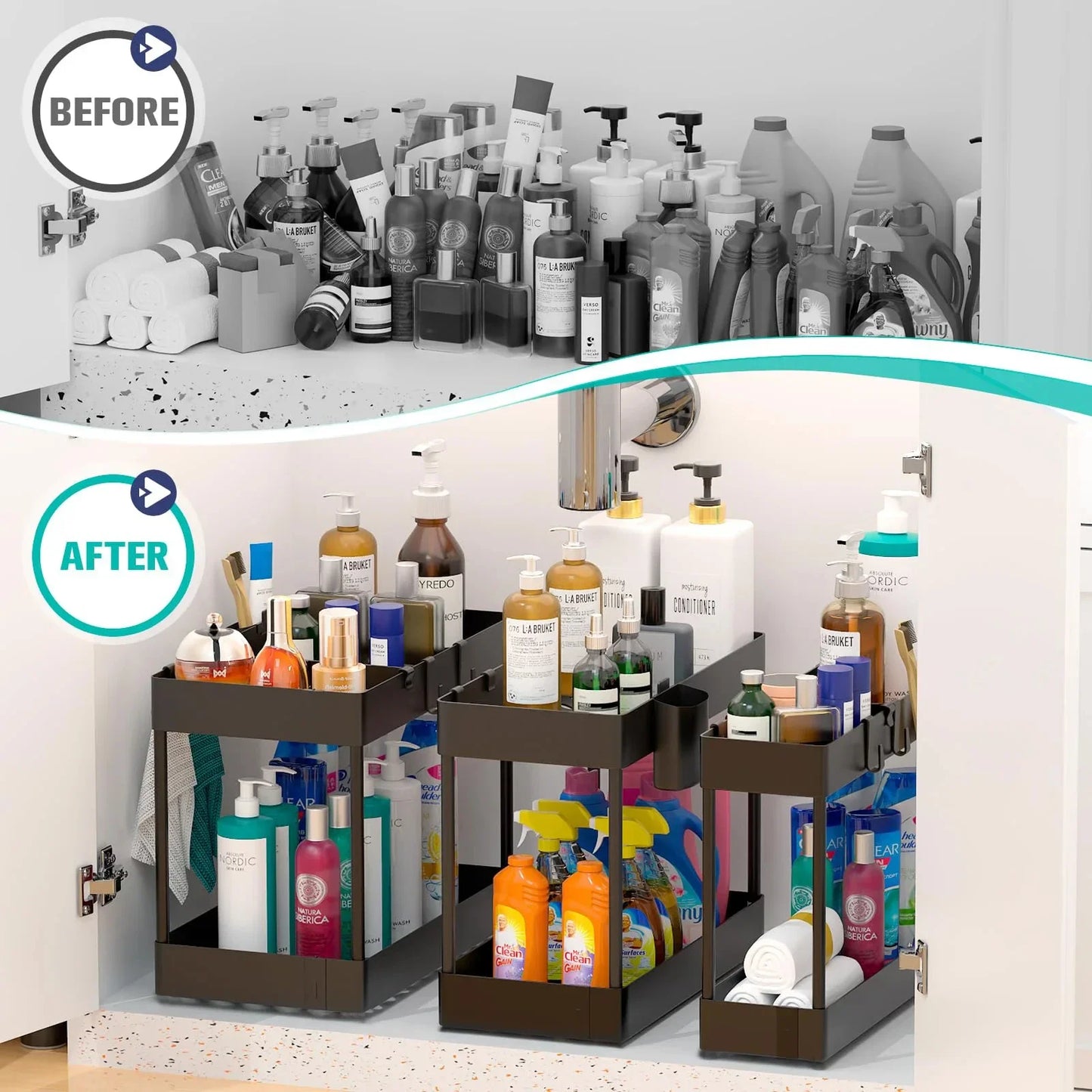 2-Tier Pull Out Under Sink Organizer, Storage Rack with Hooks & Cups, Space Saving Slide-Out Shelf for Kitchen Bathroom Cabinet