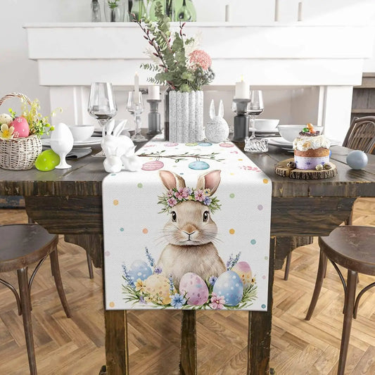 Easter Bunny Colorful eggs linen table runner Holiday party decor Farmhouse Kitchen dining table runner Easter decorations