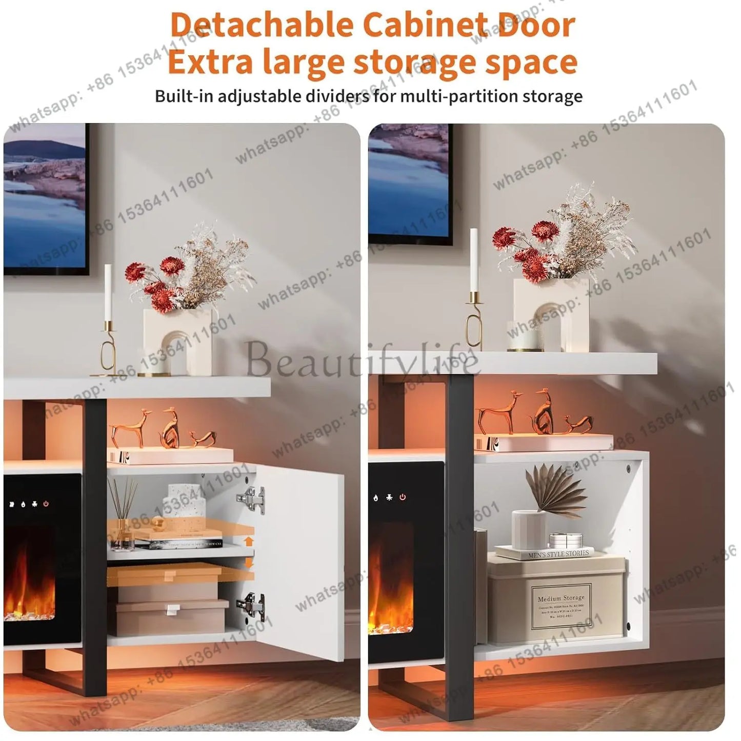 Fireplace TV Stand with 36" Electric Fireplace,LED Light Entertainment Center with Hidden Storage Cabinet,Media, Customized