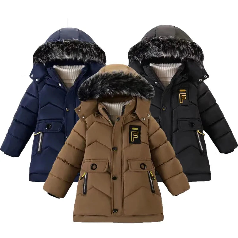Winter New Boys Jacket Solid Color Letter Printing Thicken Keep Warm Hooded Coat For 3-10Y Kids Fashion Down Cotton Snowsuit