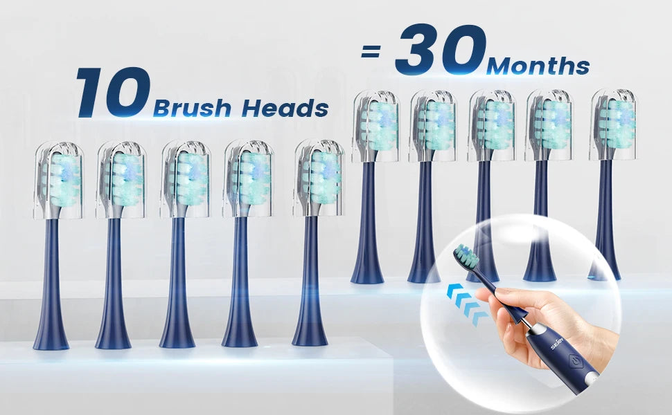 Sejoy Electric Sonic Toothbrush with 10 pcs Replacement Heads Rechargeable Waterproof Tooth Brushes for Home Travel