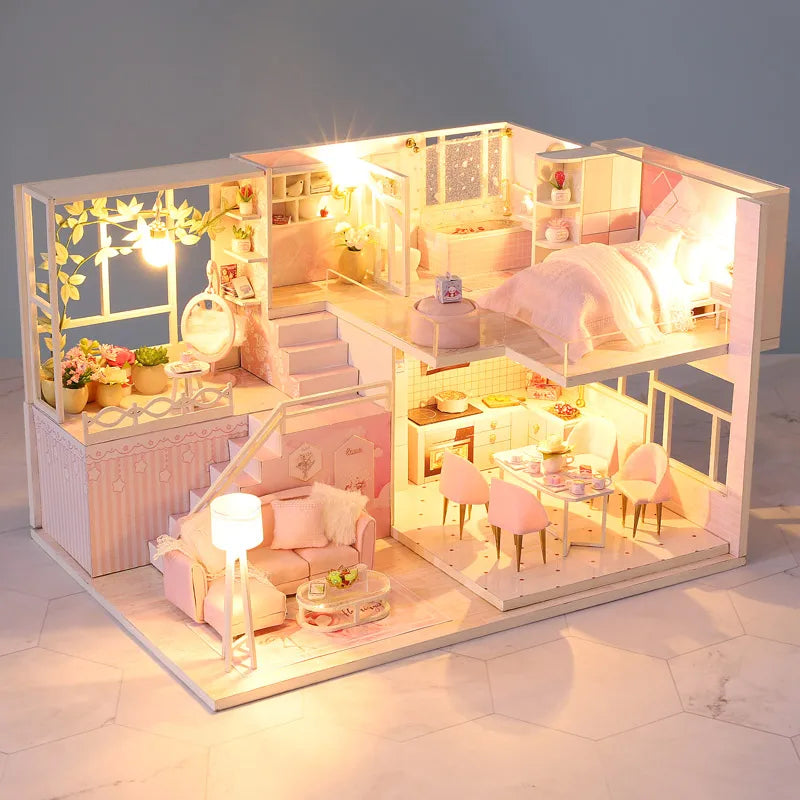 DIY Wooden Doll House Handmade Duplex Apartment Production 3D Puzzle Assembly Building Duplex Apartment Model Toy Children Gifts