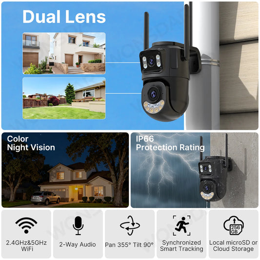 External Wifi PTZ Camera Dual Lens 2.4Ghz&5Ghz WiFi Outdoor IP Camera Auto Tracking Security Protection CCTV Surveillance iCsee