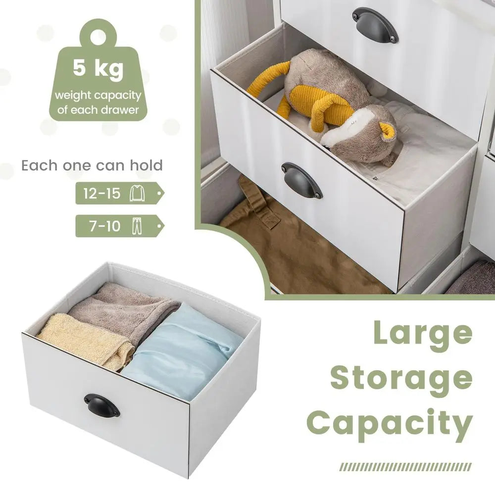 5 6Drawer Dresser, Fabric Chest of Drawers Storage Tower with Wooden Top amp Front, Metal Frame Cabinet Organiser Unit for Bedr