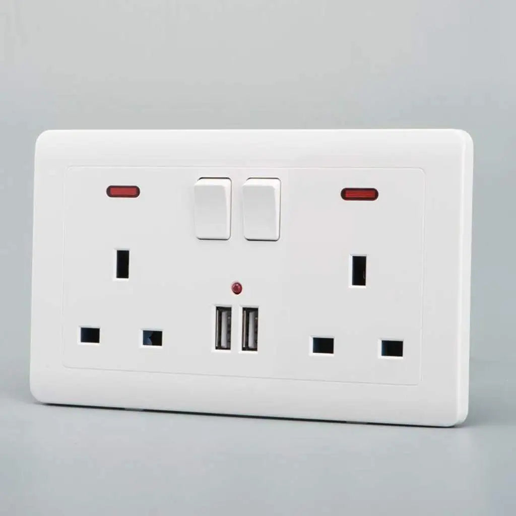 UK Standard 13A Switched Wall Socket with Dual USB Charger Ports LED Indicator Standard Size Easy Fit Wall Mounted USB Power
