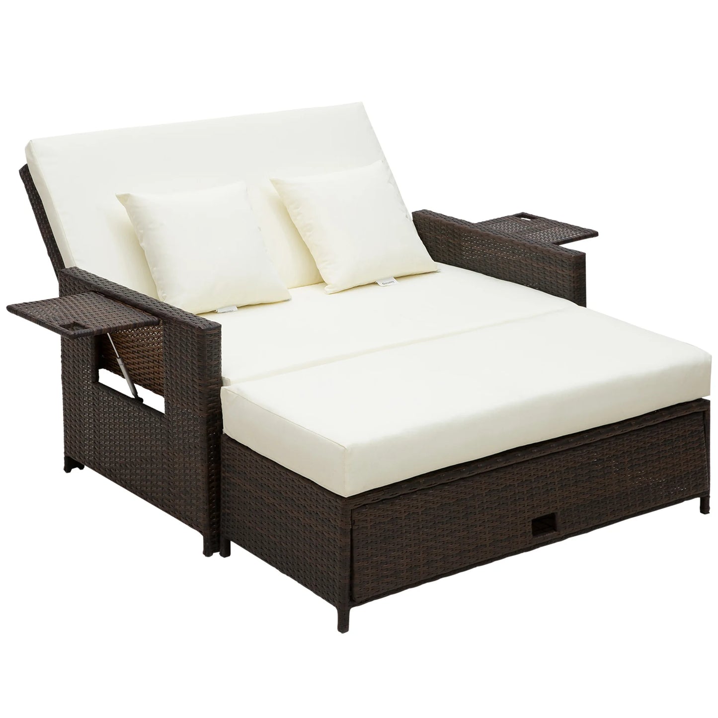 Outsunny 2 Seater Assembled Garden Patio Outdoor Rattan Furniture Sofa Sun Lounger Daybed with Fire Retardant Cotton - Black