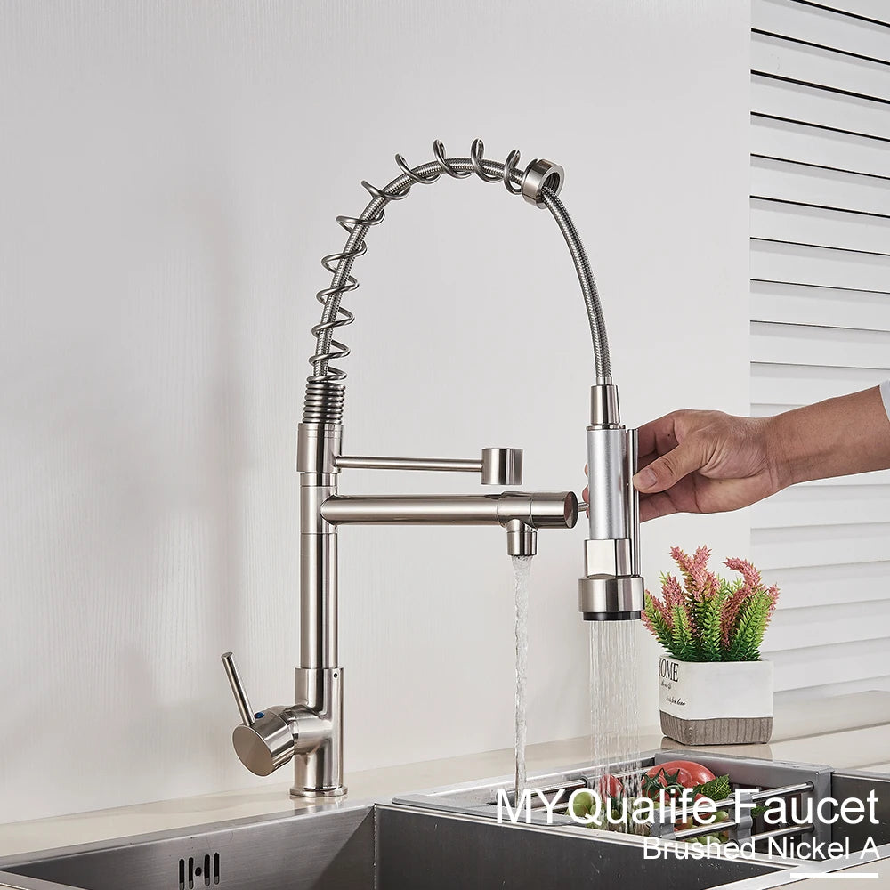 Black Pull Down Brass Kitchen Sink Faucet Hot Cold Water Mixer Crane Tap with Dual Spout 360 Rotation High Faucet Deck Mounted