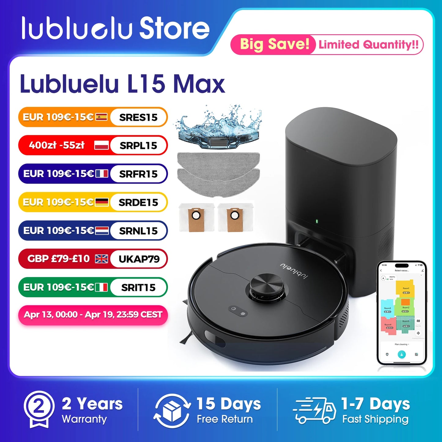 Lubluelu L15 Max  Robot Vacuum Mop Combo 5500Pa Robot Vacuum Auto-Charging  5 Maps 24 No-go Zones 3 In 1 Robot Vacuum Cleaner