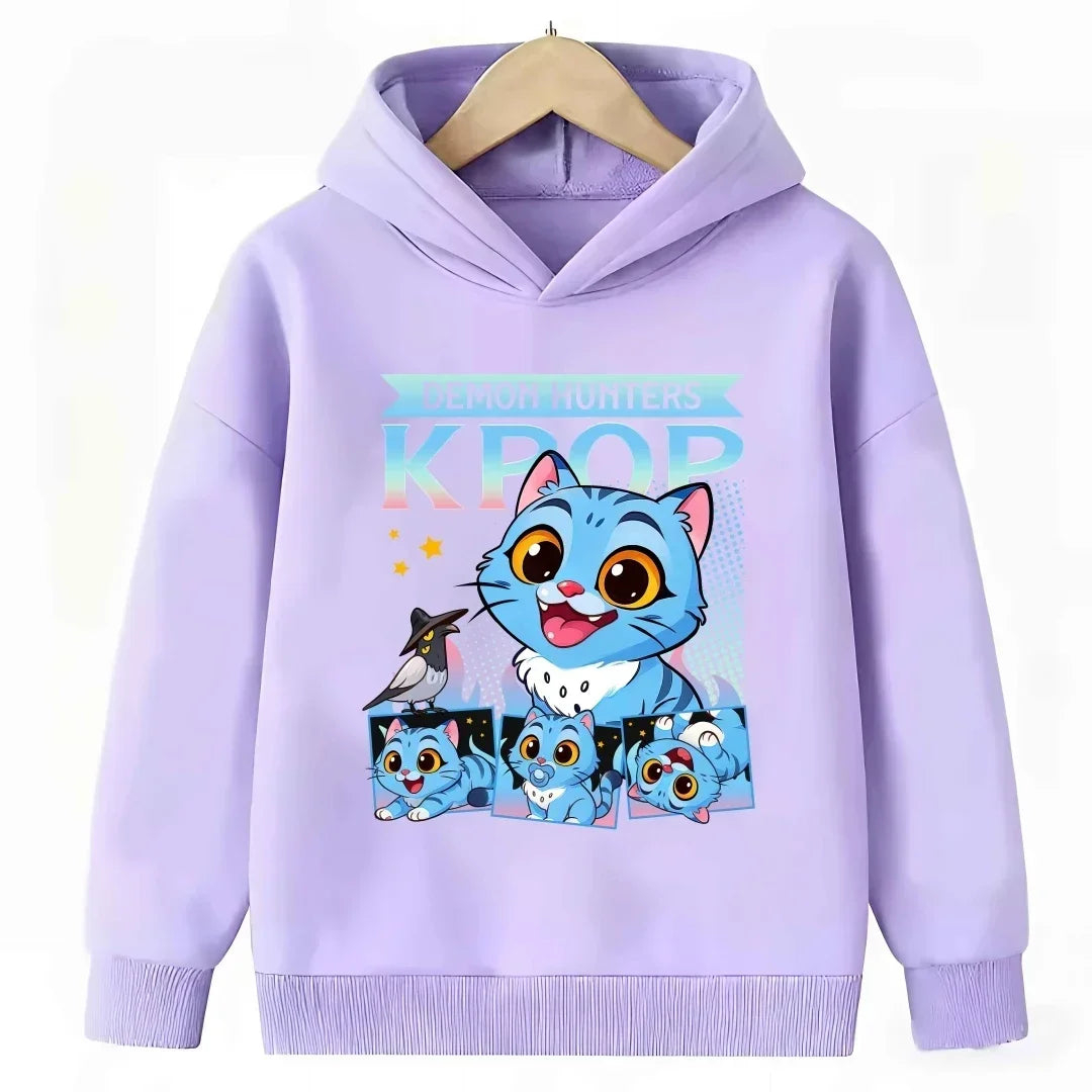 2026 New Kpop Demon Hunter Cartoon Hoodie Kids Boys Girls Purple Warm Casual Loose Sweatshirt Children Fashion Streetwear Tops